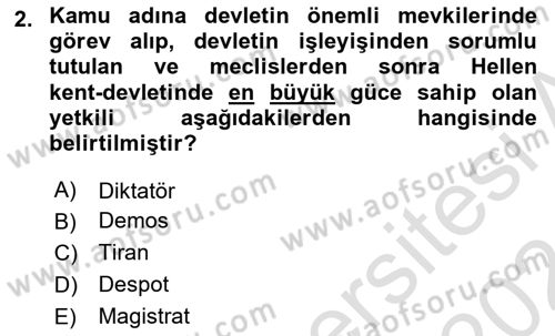 Hellen ve Roma Tarihi Dersi 2023 - 2024 Yılı (Final) Dönem Sonu Sınavı 2. Soru