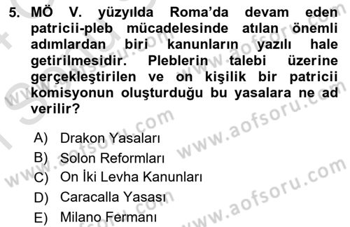 Hellen ve Roma Tarihi Dersi 2023 - 2024 Yılı (Final) Dönem Sonu Sınav Soruları 5. Soru
