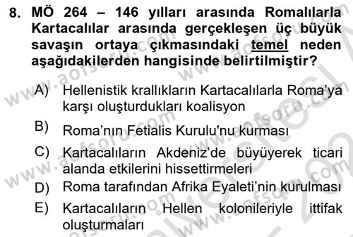 Hellen ve Roma Tarihi Dersi 2023 - 2024 Yılı (Final) Dönem Sonu Sınav Soruları 8. Soru
