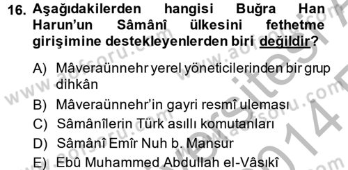 İlk Müslüman Türk Devletleri Dersi 2013 - 2014 Yılı (Vize) Ara Sınav Soruları 16. Soru
