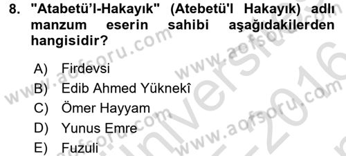 İlk Müslüman Türk Devletleri Dersi 2015 - 2016 Yılı (Final) Dönem Sonu Sınav Soruları 8. Soru