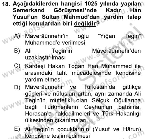 İlk Müslüman Türk Devletleri Dersi 2016 - 2017 Yılı (Vize) Ara Sınavı 18. Soru