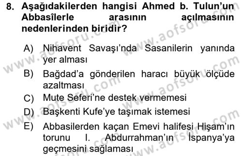 İlk Müslüman Türk Devletleri Dersi 2016 - 2017 Yılı (Vize) Ara Sınav Soruları 8. Soru