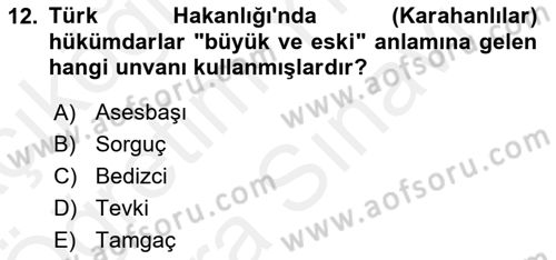 İlk Müslüman Türk Devletleri Dersi 2017 - 2018 Yılı (Vize) Ara Sınavı 12. Soru