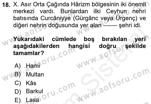 İlk Müslüman Türk Devletleri Dersi 2018 - 2019 Yılı (Vize) Ara Sınav Soruları 18. Soru
