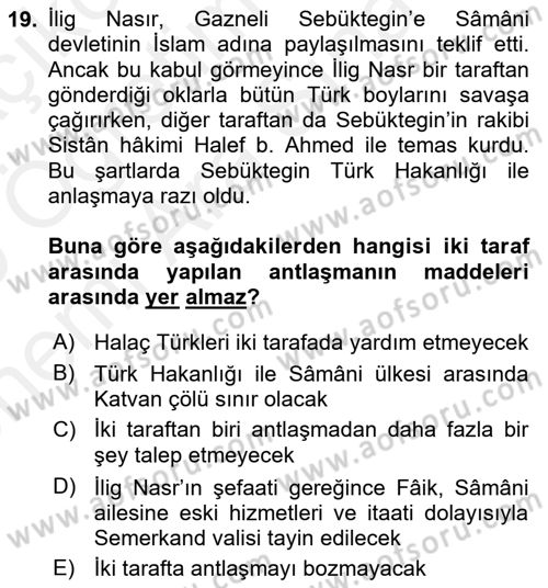İlk Müslüman Türk Devletleri Dersi 2018 - 2019 Yılı (Vize) Ara Sınav Soruları 19. Soru