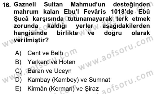 İlk Müslüman Türk Devletleri Dersi 2018 - 2019 Yılı (Final) Dönem Sonu Sınav Soruları 16. Soru