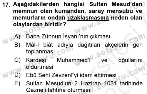 İlk Müslüman Türk Devletleri Dersi 2018 - 2019 Yılı (Final) Dönem Sonu Sınav Soruları 17. Soru