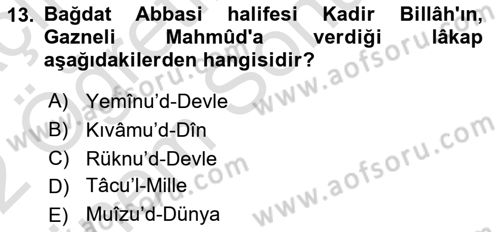 İlk Müslüman Türk Devletleri Dersi 2021 - 2022 Yılı (Final) Dönem Sonu Sınav Soruları 13. Soru