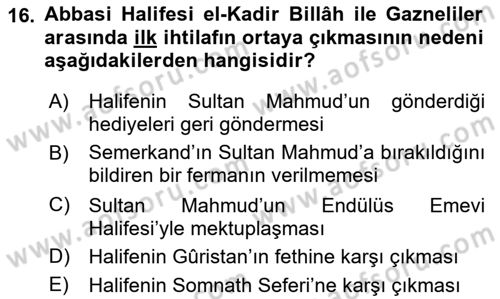 İlk Müslüman Türk Devletleri Dersi 2022 - 2023 Yılı Yaz Okulu Sınav Soruları 16. Soru