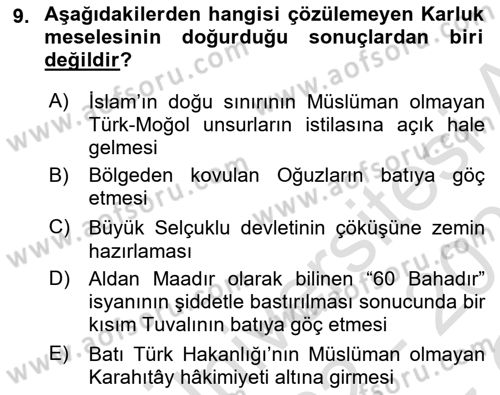 İlk Müslüman Türk Devletleri Dersi 2022 - 2023 Yılı Yaz Okulu Sınav Soruları 9. Soru