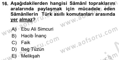 İlk Müslüman Türk Devletleri Dersi 2023 - 2024 Yılı (Vize) Ara Sınav Soruları 16. Soru