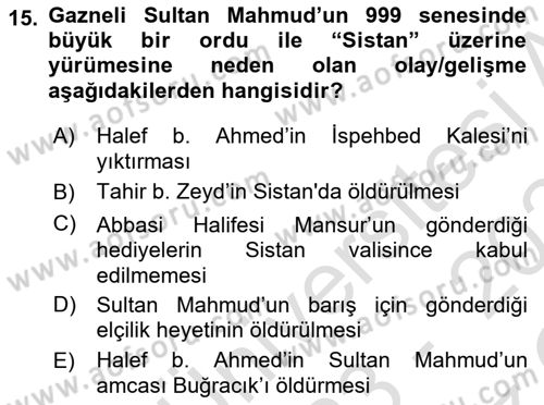 İlk Müslüman Türk Devletleri Dersi 2023 - 2024 Yılı Yaz Okulu Sınav Soruları 15. Soru