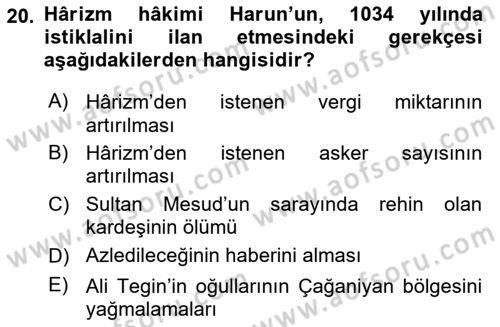 İlk Müslüman Türk Devletleri Dersi 2023 - 2024 Yılı Yaz Okulu Sınav Soruları 20. Soru