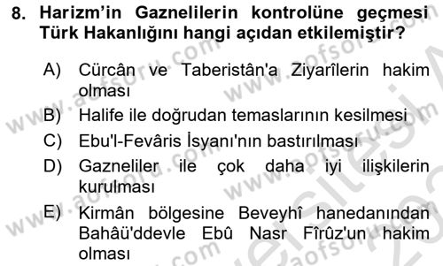 İlk Müslüman Türk Devletleri Dersi 2023 - 2024 Yılı Yaz Okulu Sınav Soruları 8. Soru