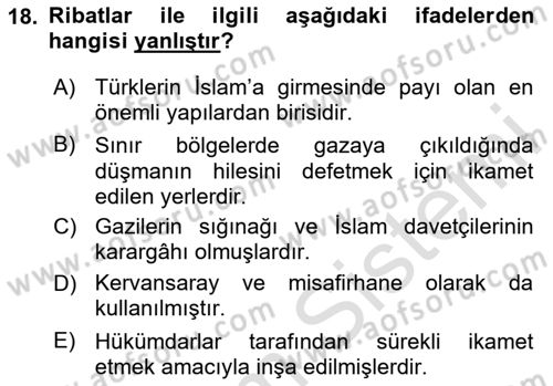 İlk Müslüman Türk Devletleri Dersi 2024 - 2025 Yılı (Vize) Ara Sınav Soruları 18. Soru