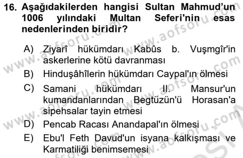 İlk Müslüman Türk Devletleri Dersi 2024 - 2025 Yılı (Final) Dönem Sonu Sınav Soruları 16. Soru