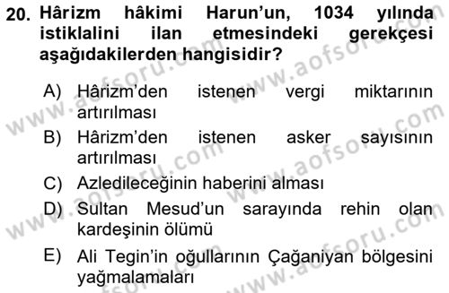 İlk Müslüman Türk Devletleri Dersi 2024 - 2025 Yılı Yaz Okulu Sınav Soruları 20. Soru
