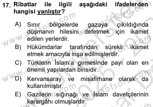 İlk Müslüman Türk Devletleri Dersi 2025 - 2026 Yılı (Vize) Ara Sınav Soruları 17. Soru