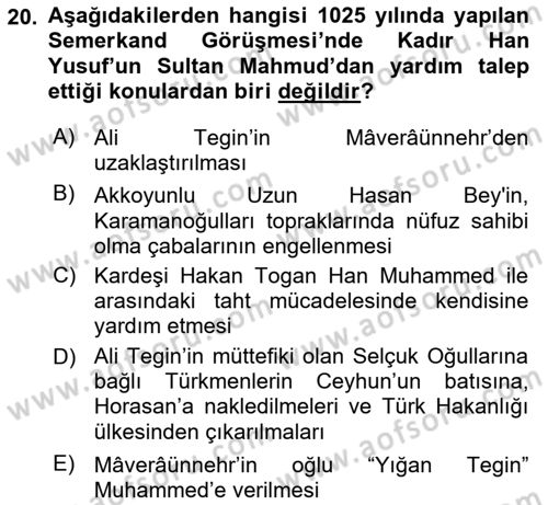 İlk Müslüman Türk Devletleri Dersi 2025 - 2026 Yılı (Vize) Ara Sınav Soruları 20. Soru