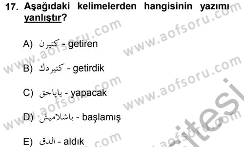 Osmanlı Türkçesi 1 Dersi 2012 - 2013 Yılı (Vize) Ara Sınav Soruları 17. Soru