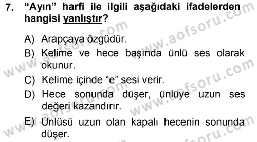 Osmanlı Türkçesi 1 Dersi 2012 - 2013 Yılı (Final) Dönem Sonu Sınav Soruları 7. Soru