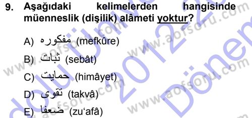 Osmanlı Türkçesi 1 Dersi 2012 - 2013 Yılı (Final) Dönem Sonu Sınavı 9. Soru