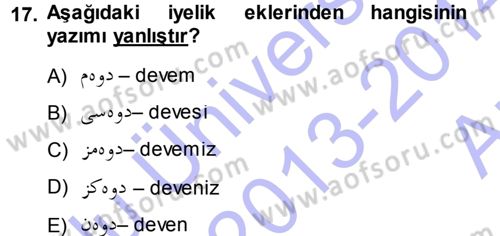 Osmanlı Türkçesi 1 Dersi 2013 - 2014 Yılı (Vize) Ara Sınav Soruları 17. Soru