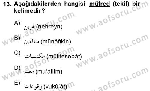 Osmanlı Türkçesi 1 Dersi 2013 - 2014 Yılı (Final) Dönem Sonu Sınav Soruları 13. Soru
