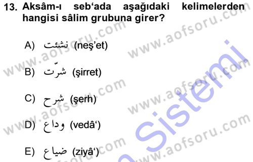 Osmanlı Türkçesi 1 Dersi 2015 - 2016 Yılı (Final) Dönem Sonu Sınav Soruları 13. Soru