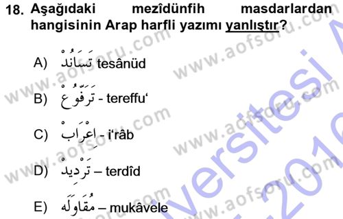 Osmanlı Türkçesi 1 Dersi 2015 - 2016 Yılı (Final) Dönem Sonu Sınav Soruları 18. Soru