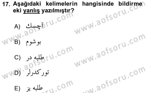 Osmanlı Türkçesi 1 Dersi 2016 - 2017 Yılı (Vize) Ara Sınavı 17. Soru