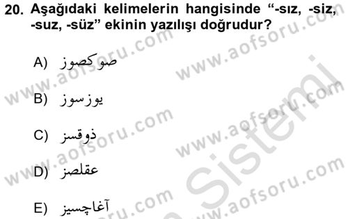 Osmanlı Türkçesi 1 Dersi 2017 - 2018 Yılı (Vize) Ara Sınav Soruları 20. Soru