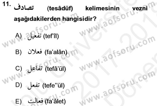 Osmanlı Türkçesi 1 Dersi 2017 - 2018 Yılı (Final) Dönem Sonu Sınav Soruları 11. Soru