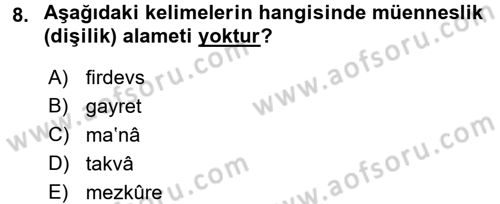 Osmanlı Türkçesi 1 Dersi 2017 - 2018 Yılı (Final) Dönem Sonu Sınavı 8. Soru