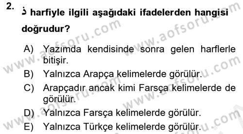 Osmanlı Türkçesi 1 Dersi Ara Sınavı Deneme Sınav Soruları 2. Soru