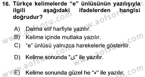 Osmanlı Türkçesi 1 Dersi 2018 - 2019 Yılı (Final) Dönem Sonu Sınav Soruları 16. Soru