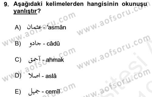 Osmanlı Türkçesi 1 Dersi 2018 - 2019 Yılı (Final) Dönem Sonu Sınav Soruları 9. Soru