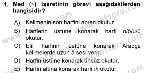 Osmanlı Türkçesi 1 Dersi 2019 - 2020 Yılı (Vize) Ara Sınavı 1. Soru