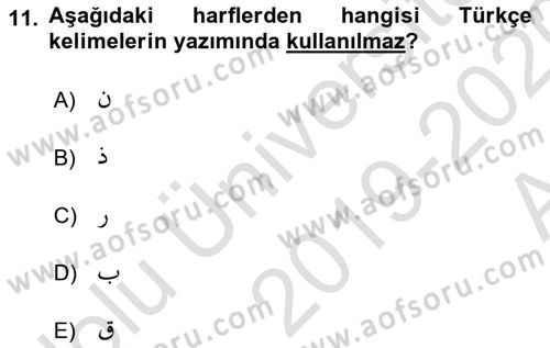 Osmanlı Türkçesi 1 Dersi 2019 - 2020 Yılı (Vize) Ara Sınav Soruları 11. Soru