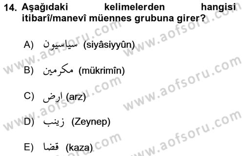 Osmanlı Türkçesi 1 Dersi 2019 - 2020 Yılı (Final) Dönem Sonu Sınavı 14. Soru