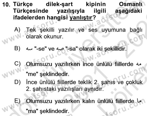 Osmanlı Türkçesi 1 Dersi 2021 - 2022 Yılı (Final) Dönem Sonu Sınavı 10. Soru