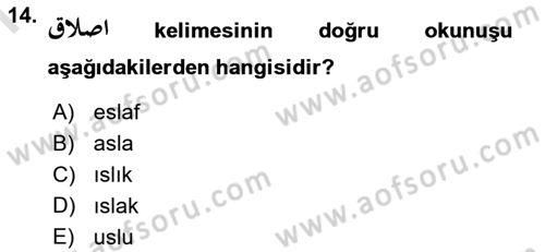 Osmanlı Türkçesi 1 Dersi 2021 - 2022 Yılı (Final) Dönem Sonu Sınavı 14. Soru