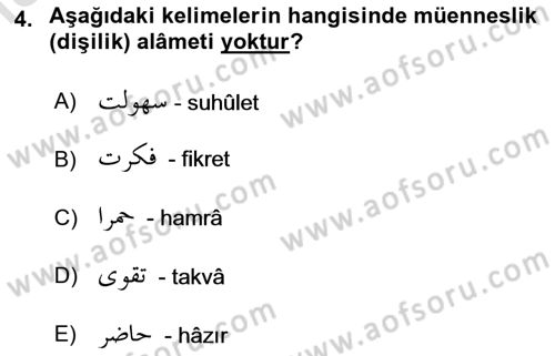 Osmanlı Türkçesi 1 Dersi 2021 - 2022 Yılı (Final) Dönem Sonu Sınavı 4. Soru