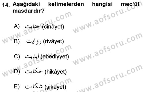 Osmanlı Türkçesi 1 Dersi 2021 - 2022 Yılı Yaz Okulu Sınav Soruları 14. Soru