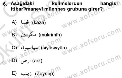 Osmanlı Türkçesi 1 Dersi 2021 - 2022 Yılı Yaz Okulu Sınav Soruları 6. Soru
