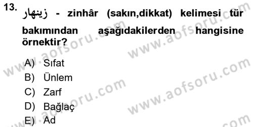 Osmanlı Türkçesi 1 Dersi 2022 - 2023 Yılı (Vize) Ara Sınav Soruları 13. Soru