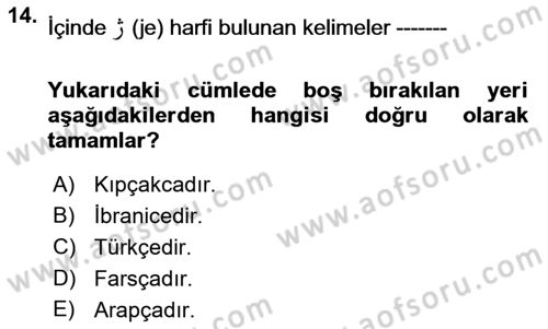 Osmanlı Türkçesi 1 Dersi 2022 - 2023 Yılı (Final) Dönem Sonu Sınav Soruları 14. Soru