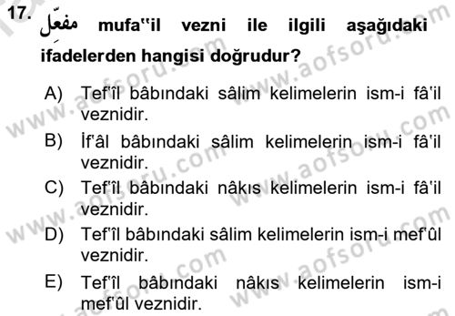 Osmanlı Türkçesi 1 Dersi 2022 - 2023 Yılı (Final) Dönem Sonu Sınav Soruları 17. Soru