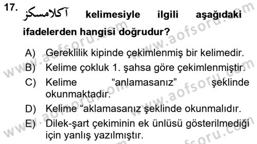 Osmanlı Türkçesi 1 Dersi 2022 - 2023 Yılı Yaz Okulu Sınav Soruları 17. Soru